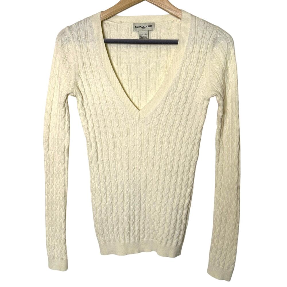 Banana Republic Angora Rabbit Cotton Cable Knit Ivory Sweater Women XS Preppy